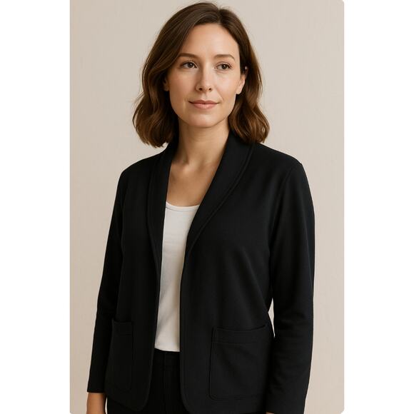 Eileen Fisher 100% Wool Black Open Front Blazer Jacket Coat XS Classic Minimal - Picture 1 of 8